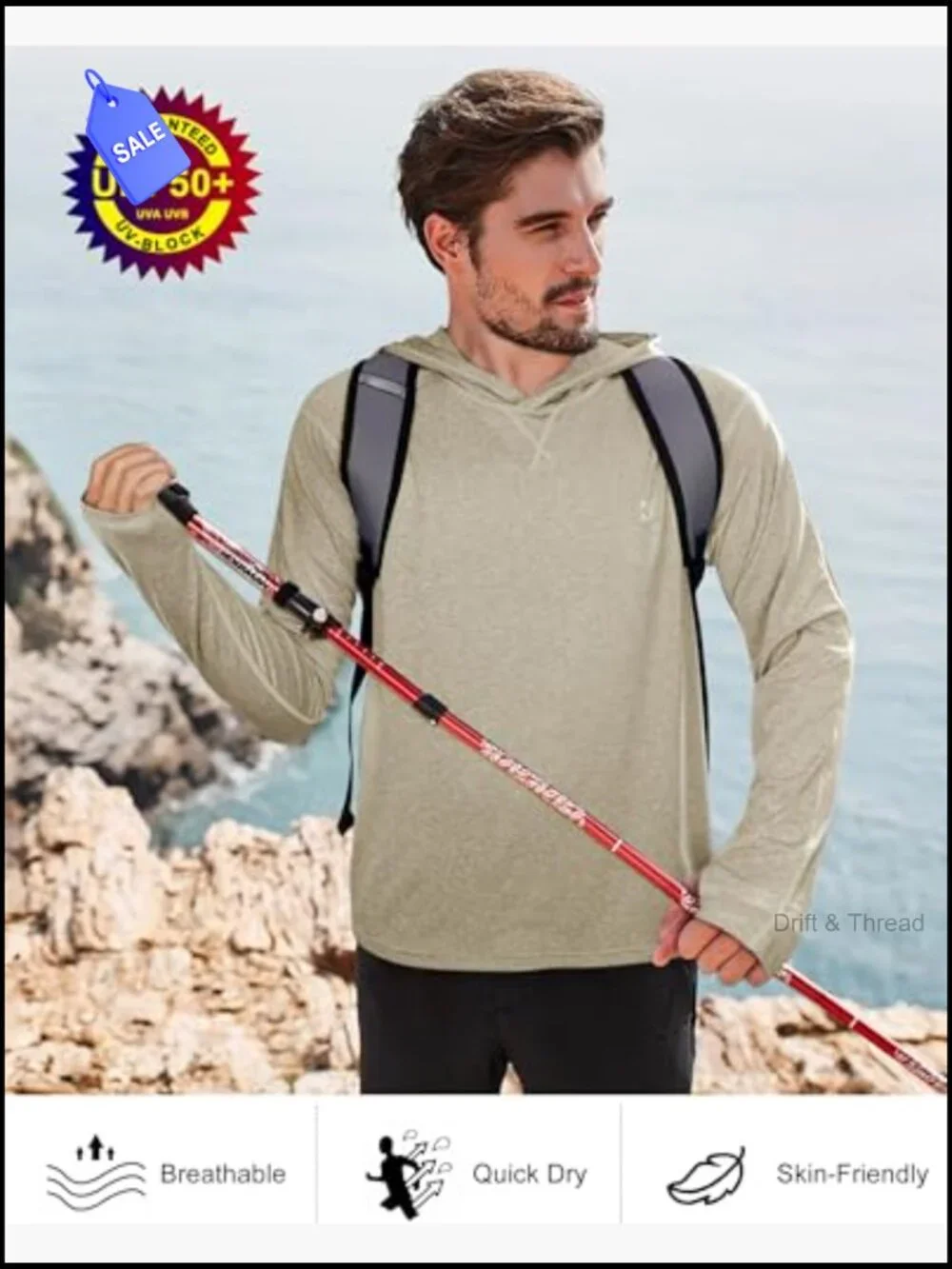 Mens UPF 50+ Long Sleeve Sun Hoodie Fishing Hiking Running Shirt